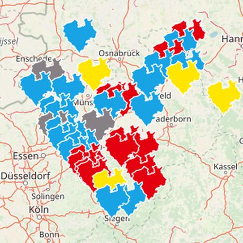 Karte von Westfalen-Lippe, in der die Kommunen, die Kulturplanung betreiben, markiert sind