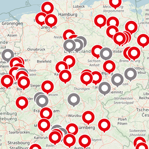 Karte von Deutschland, in der die Kommunen, die Kulturentwicklungsplanung betreiben, mariert sind